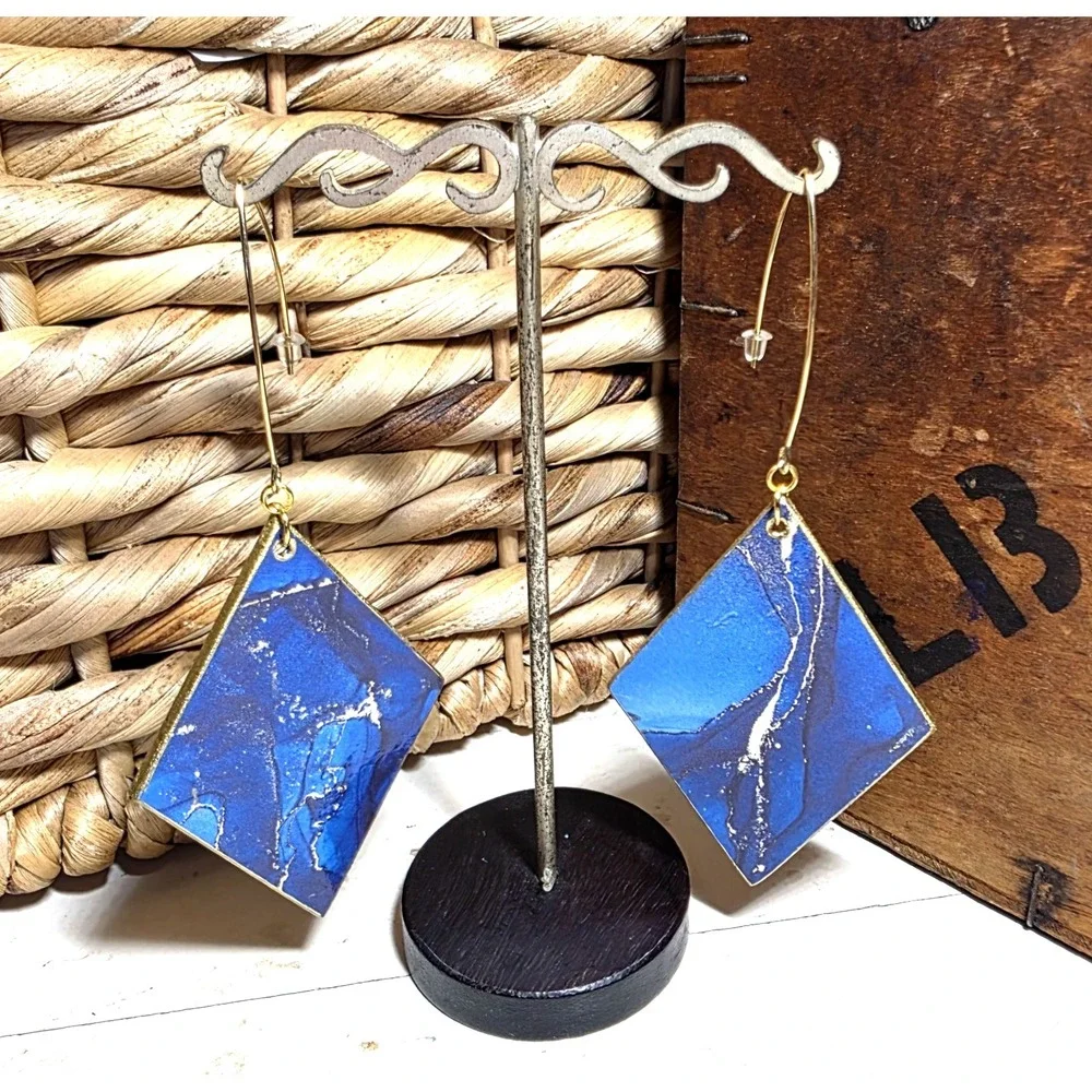 Handmade Abstract Wood Statement Earrings OOAK Deep Blue Gold Metallic Dangles